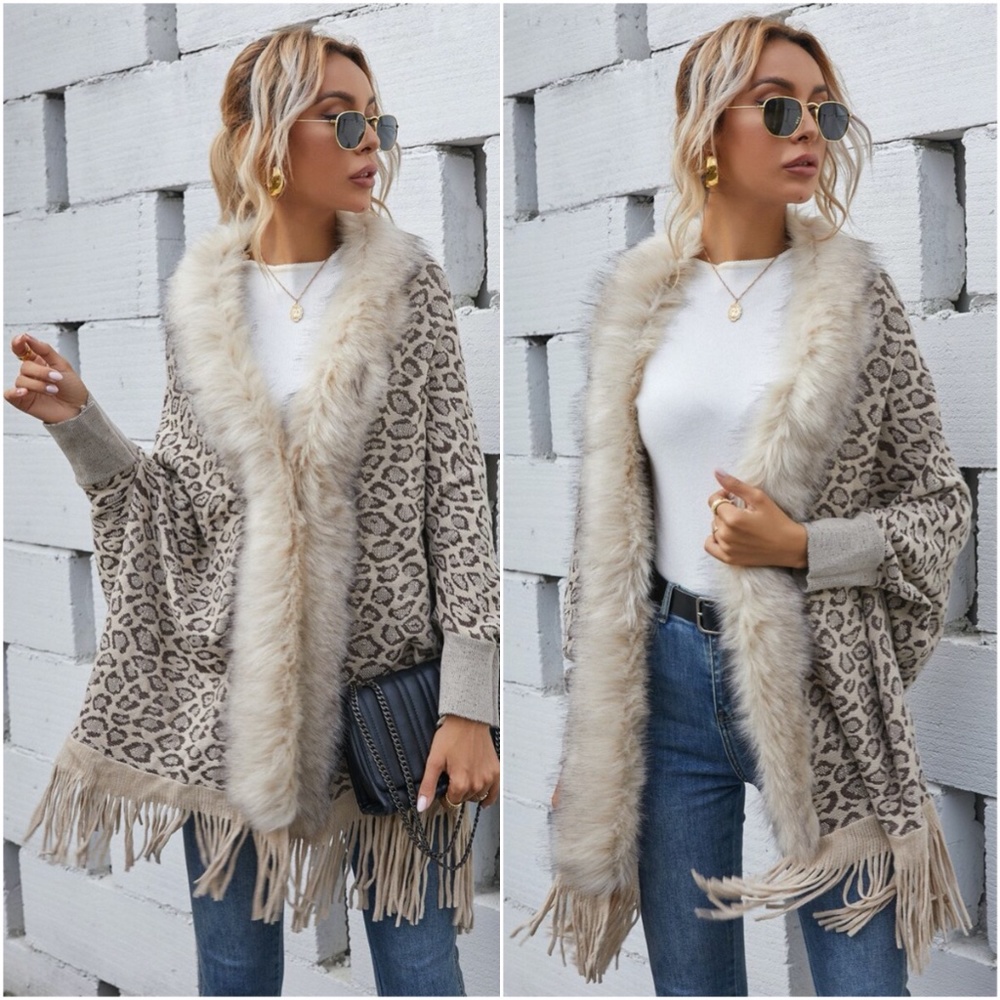 Cozy vegan fur leopard print tassel poncho cardigan - Picture 1 of 8